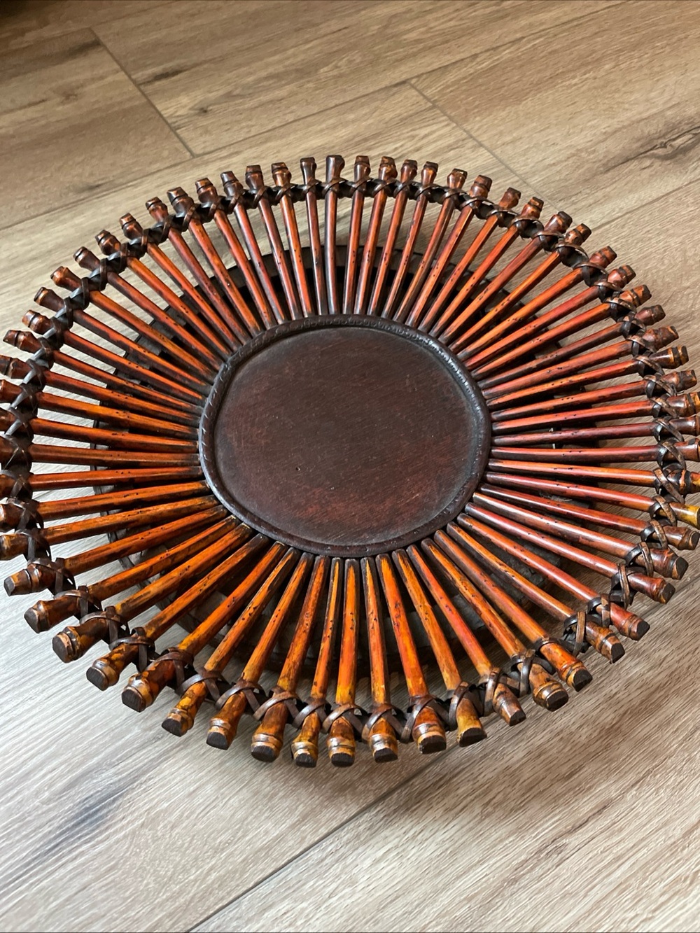 Boho Chic Bamboo Tiki Tray Wood Plant/ Candle/ Decorative Centerpiece 14.5”